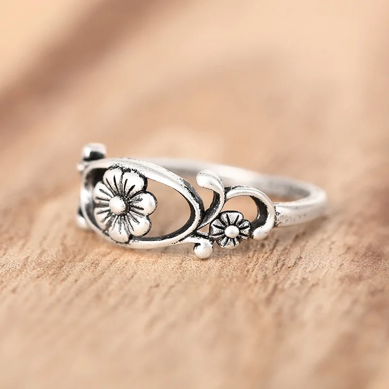 T0278 Flower Pattern Alloy Ring Antique Silver Plated Unisex Fashion Gift for Women & Men