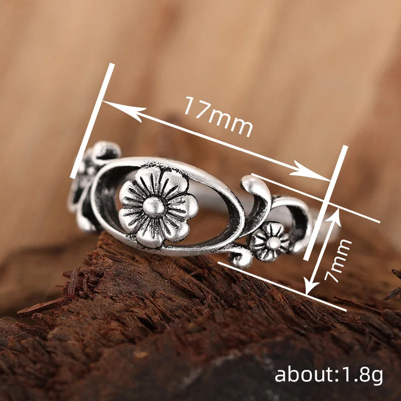 T0278 Flower Pattern Alloy Ring Antique Silver Plated Unisex Fashion Gift for Women & Men