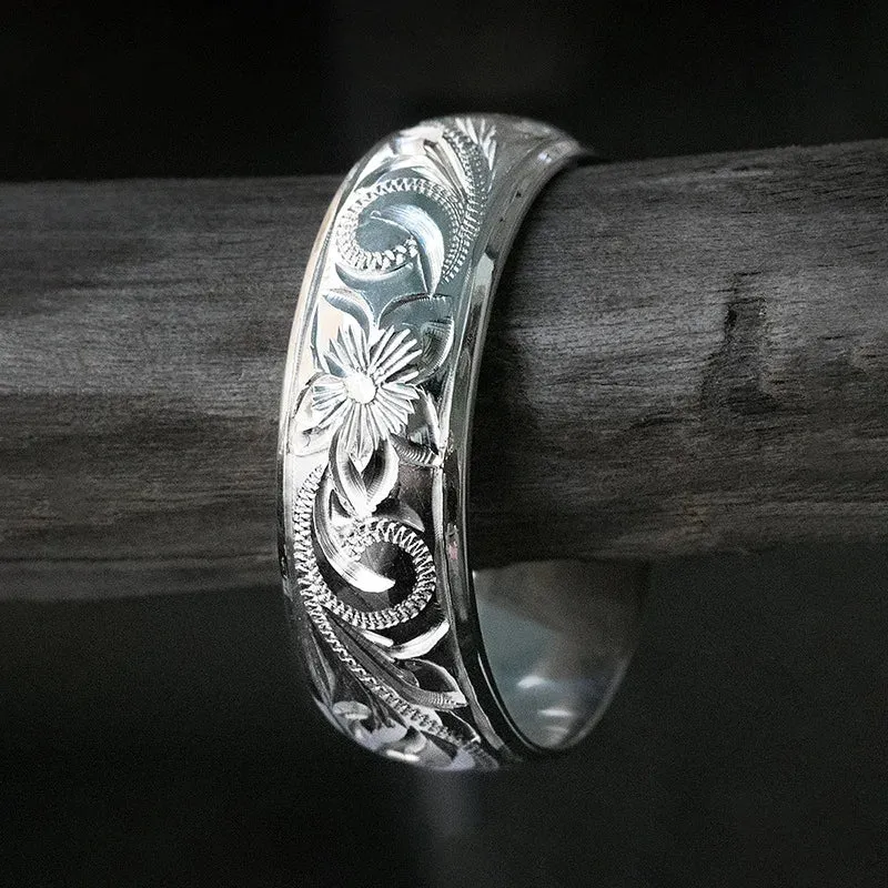 Q559 Silver Wedding Band Flower Design Classic Unisex Fine Ring