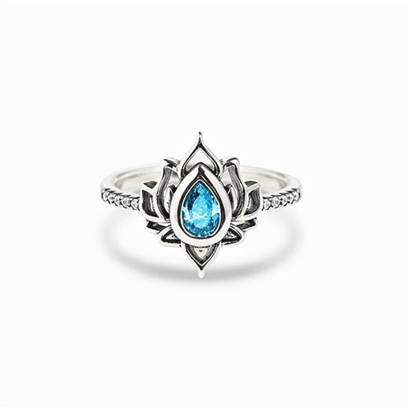 Q256 Lotus Flower Ring Women's Lab Created Cubic Zirconia Pear Shape Prong Setting Engagement Buddhist Fashion Rings