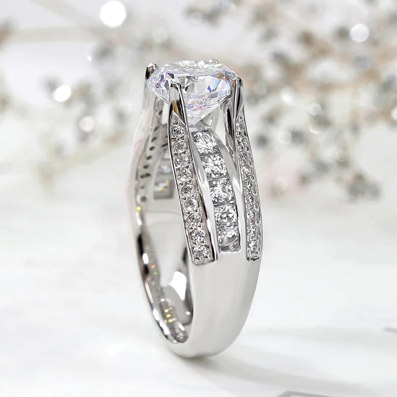 T0664 White Gold Diamond Ring Women's Engagement Natural Round Brilliant Cut D Color Side Diamonds