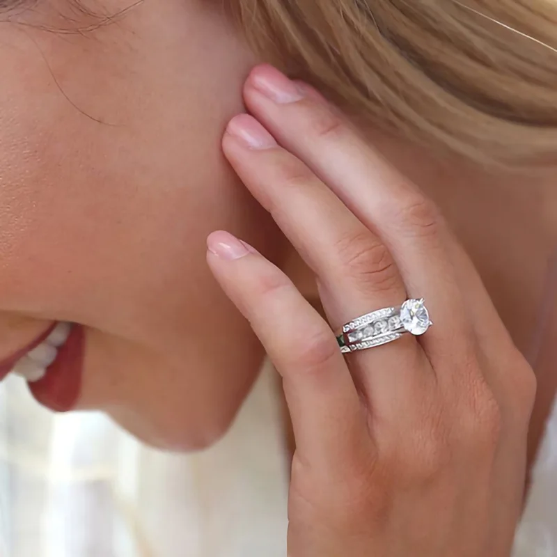 T0664 White Gold Diamond Ring Women's Engagement Natural Round Brilliant Cut D Color Side Diamonds