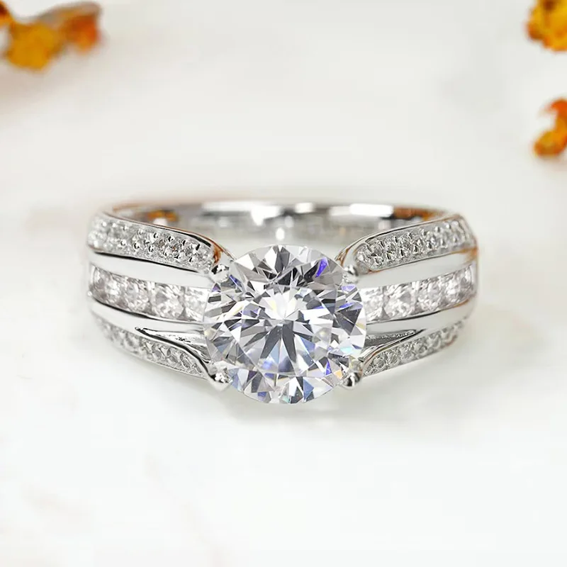 T0664 White Gold Diamond Ring Women's Engagement Natural Round Brilliant Cut D Color Side Diamonds