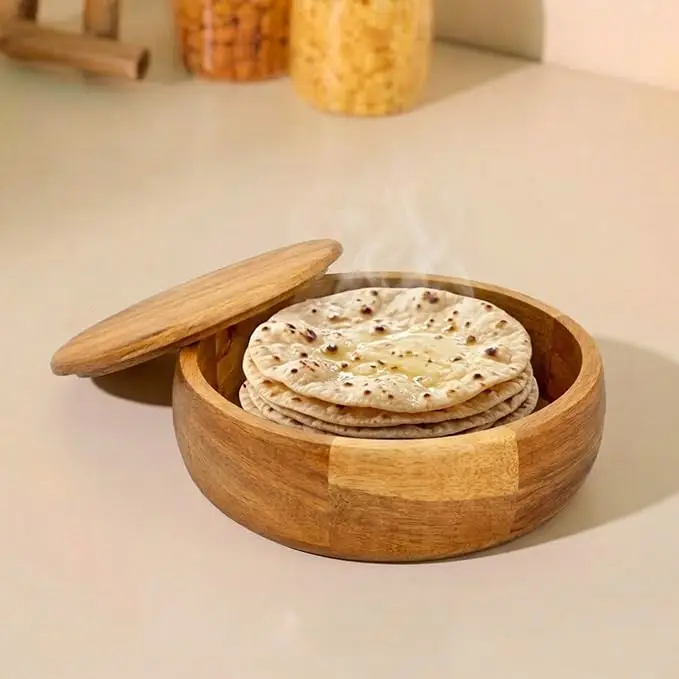 Wooden Round Food Storage Bowl With Flip Top Lid Handcrafted Minimalist Design For Kitchen Freshness Preservation