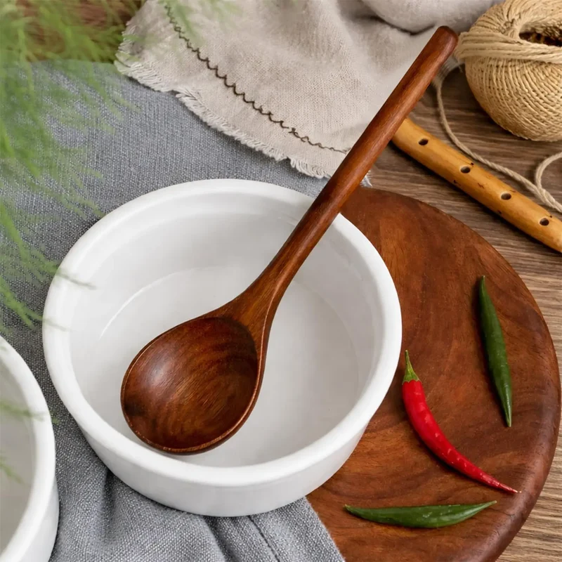 Wooden Serving Spoon Set of 2 Long Handle Eco-Friendly Minimalist Design Acacia Wood Kitchen Utensils