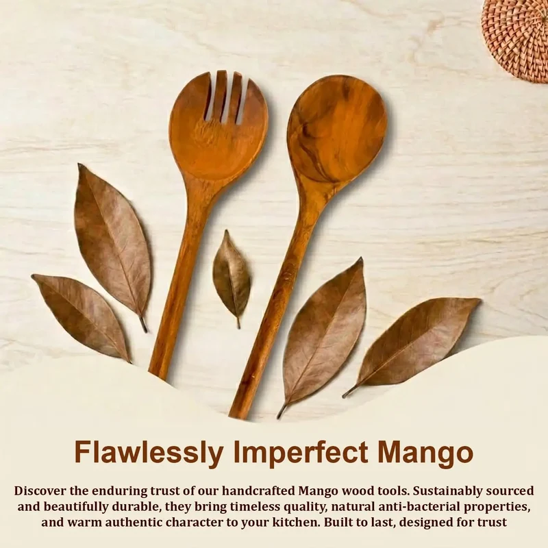Wooden Serving Spoon Set of 2 Long Handle Eco-Friendly Minimalist Design Acacia Wood Kitchen Utensils