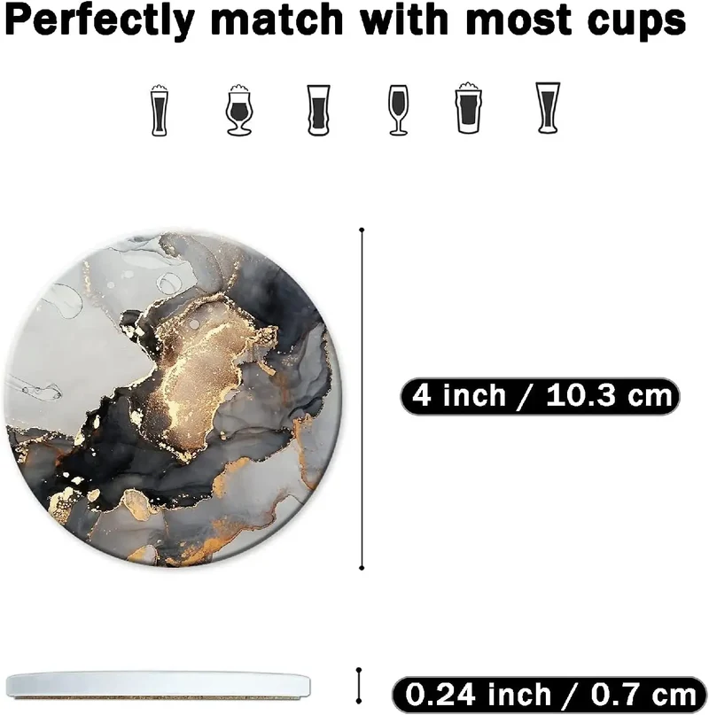 Black Marble Coasters Absorbent Ceramic Drink Non-Slip Cork Base Round Bar Suitable for coffee tea wine and more
