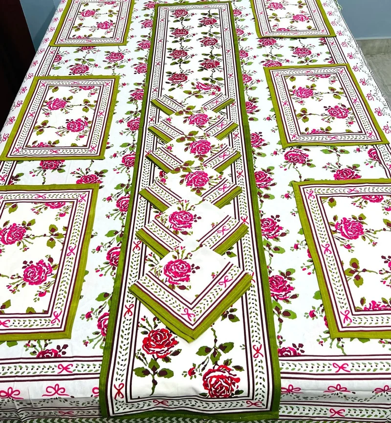 Custom Made Jaipuri Floral Print Dining Table Mats and Napkins Bamboo for 6 Seater in Different Designs & Colours
