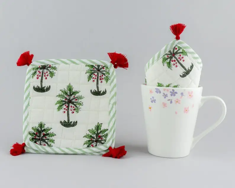 White and Green Palm Print Coasters 100% Cotton India Block Printed Fabric Coasters 5*5 Inch for Coffee Mug Coffee Table