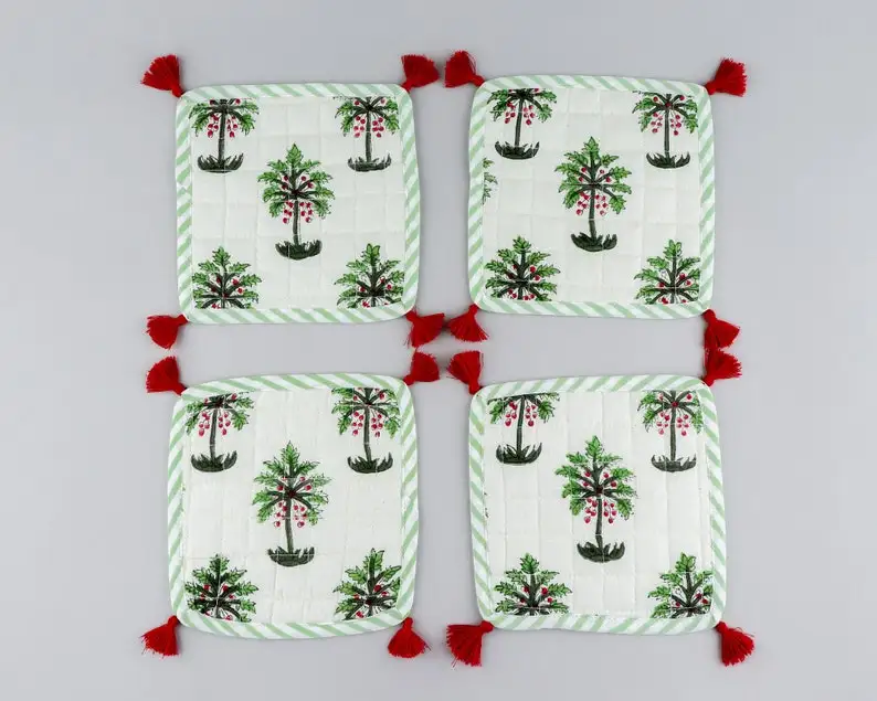 White and Green Palm Print Coasters 100% Cotton India Block Printed Fabric Coasters 5*5 Inch for Coffee Mug Coffee Table