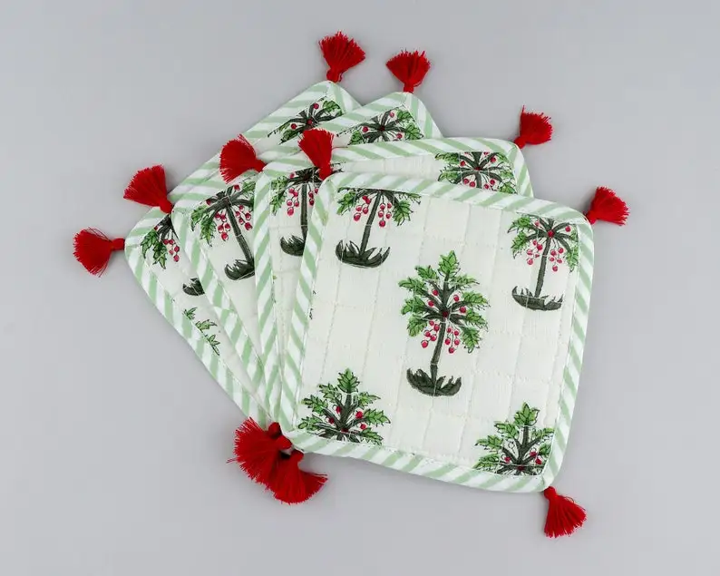White and Green Palm Print Coasters 100% Cotton India Block Printed Fabric Coasters 5*5 Inch for Coffee Mug Coffee Table