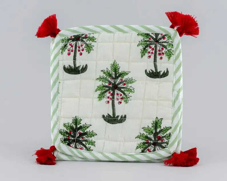 White and Green Palm Print Coasters 100% Cotton India Block Printed Fabric Coasters 5*5 Inch for Coffee Mug Coffee Table