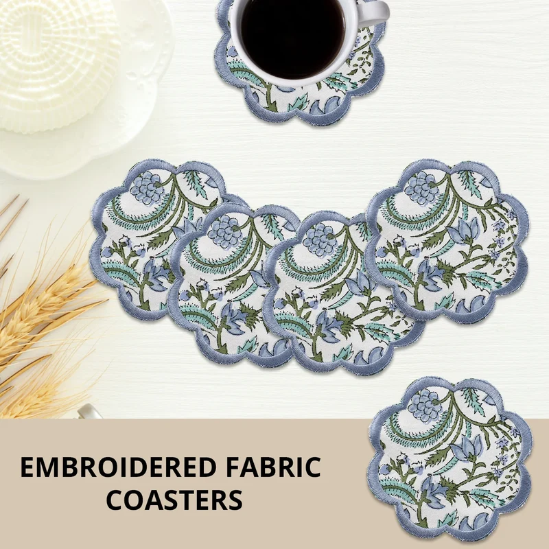 Ridhi Trending New Sky Blue Set of 8 Coasters Hand Block Printed & Embroidered Scallops Coasters for Drinks Wholesale Product