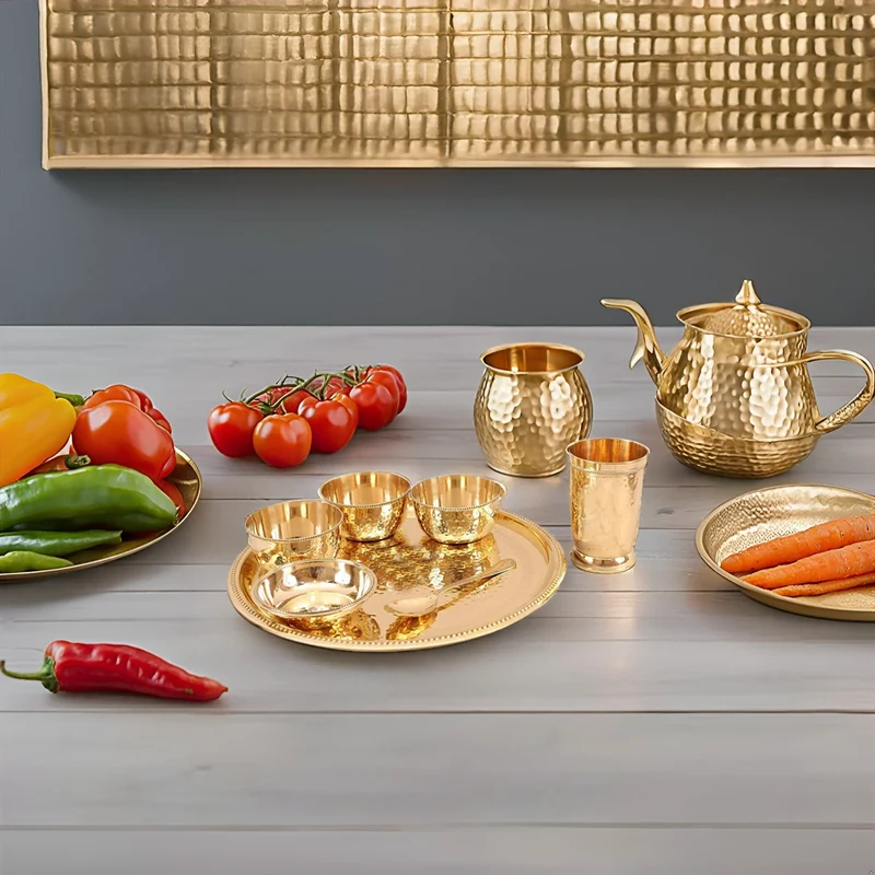 7 Piece Designer Brass Dinner Set Thali Set - 1 Plate, 3 Bowls, 1 Chuttney Bowl & 1 Glass - Dinnerware Tableware Gift Item