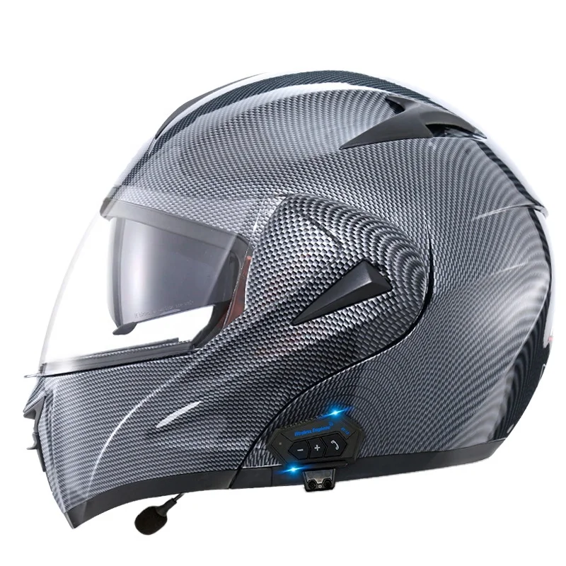 Carbon Fiber Pattern Electric Scooter Motorcycle Blueto0th Wireless Headphone Speaker Open Face Double Lens Full Face Helmets