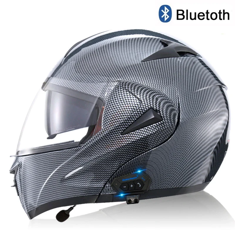 Carbon Fiber Pattern Electric Scooter Motorcycle Blueto0th Wireless Headphone Speaker Open Face Double Lens Full Face Helmets