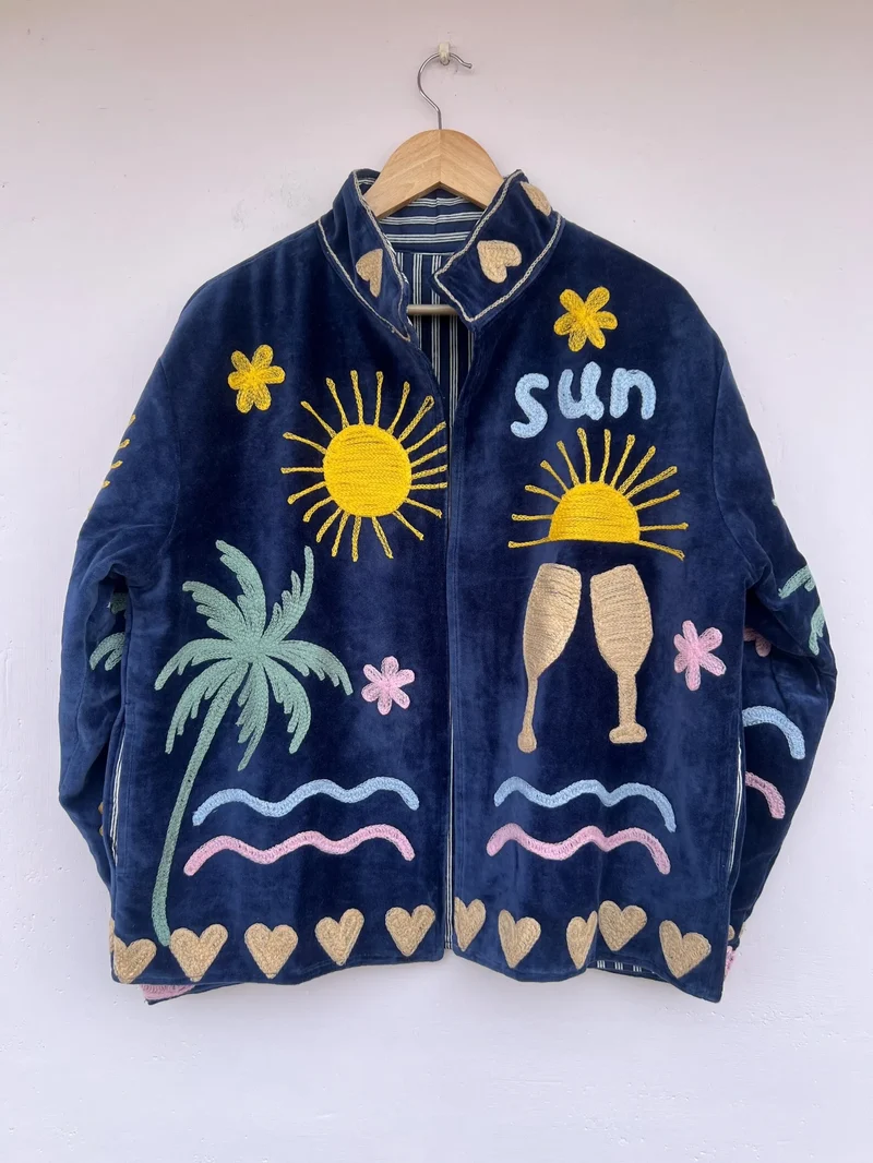 Velvet Suzani Plus Size Quilted Waterproof Reversible Eco-Friendly Cotton Jacket Hand Embroidery Floral Pattern for Women