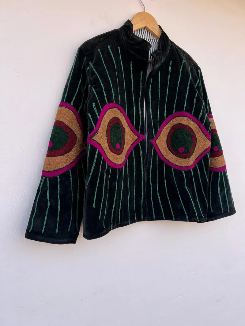 Winter Velvet Suzani Plus Size Quilted Waterproof Reversible Eco-Friendly Hand Embroidery Floral Cotton Jacket Teenagers