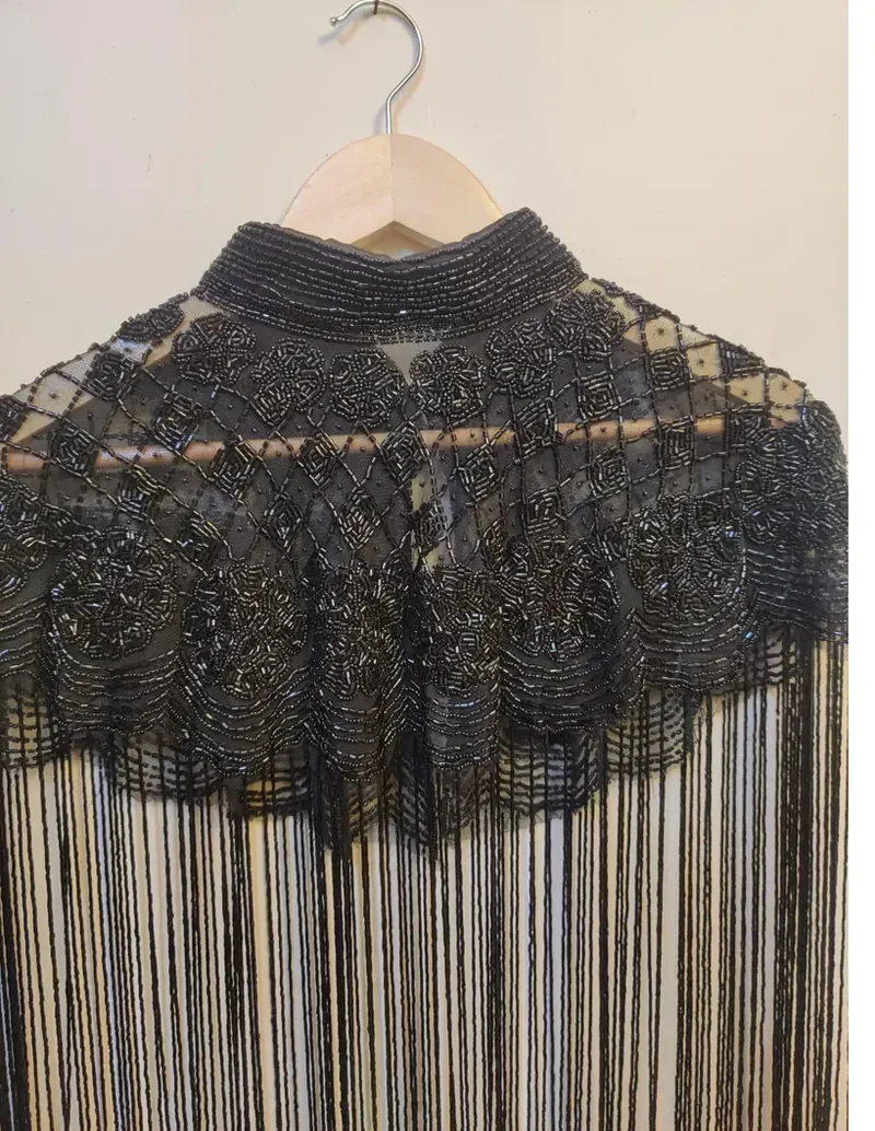 Designer Embroidered Poncho Beaded Crystal Decorations Anti-Static Organza Fabric Hand Fringes Elegant Evening Dresses for