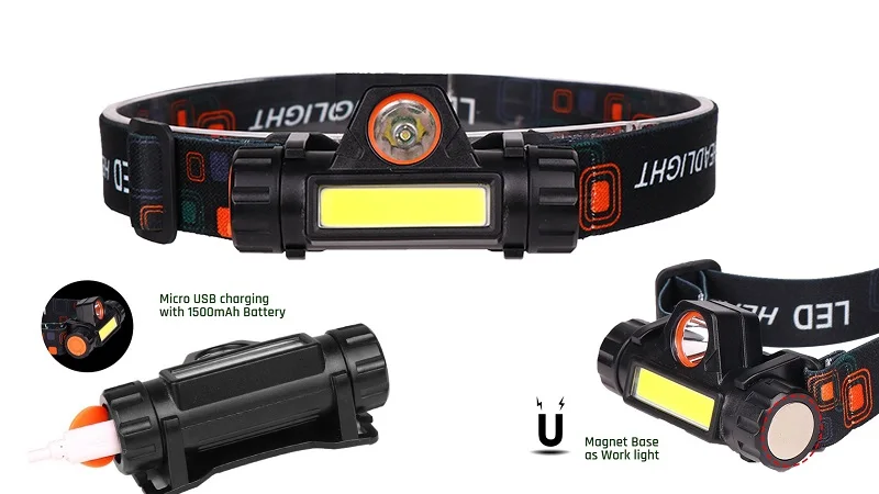 Magnet Base 7W Cob USB Rechargeable LED Headlamp Flashlight 300+200lm Outdoor IP68 Lithium Ion Battery