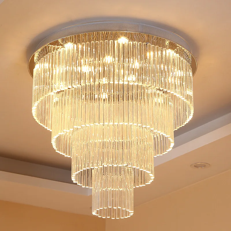Modern Stainless Steel Ceiling Led Light Round Multi-layer Silver Crystal Chandelier