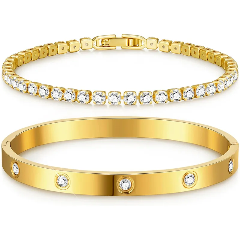 Anti Tarnish Jewellery Women Zircon Tennis 18k Gold Plated Bangles Stainless Steel Fashion Jewelry Bracelets Bangles Set
