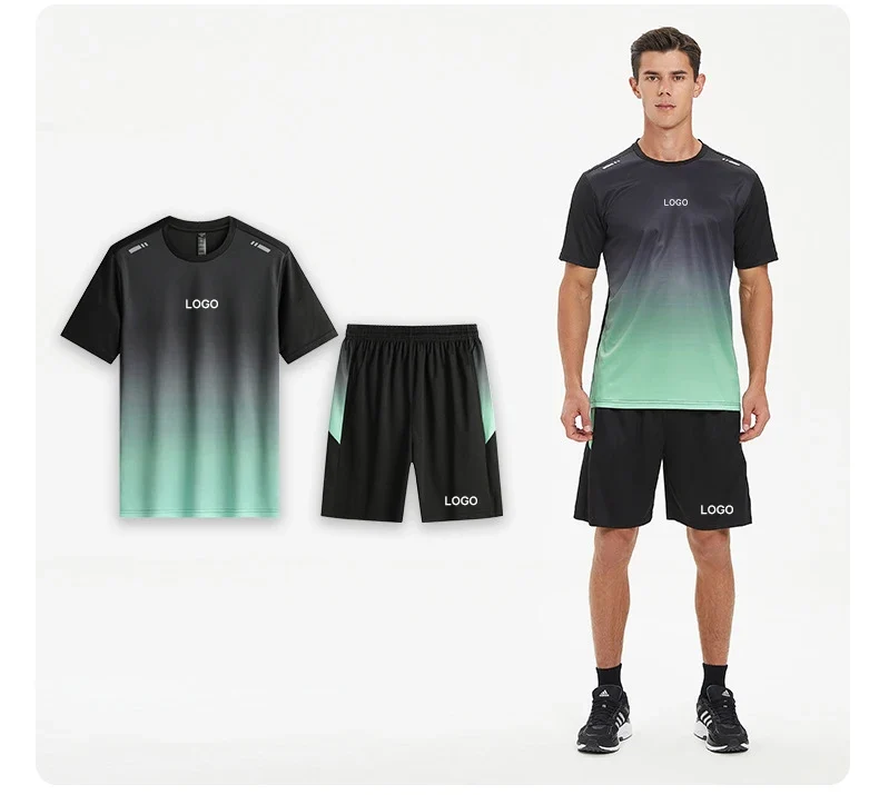 In Stock Fitness Workout Sports Quick Dry T Shirt Shorts 2 Pieces Sets 100% Polyester Custom Running Gym Tracksuits for Men