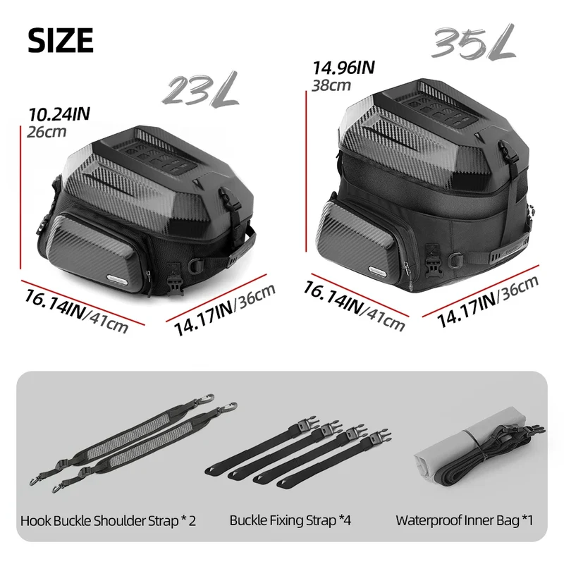 Rhinowalk Waterproof 23L-35L Motorcycle Tail Bag Hard Shell Expandable Rear Seat Bags for Motorbike Adventure