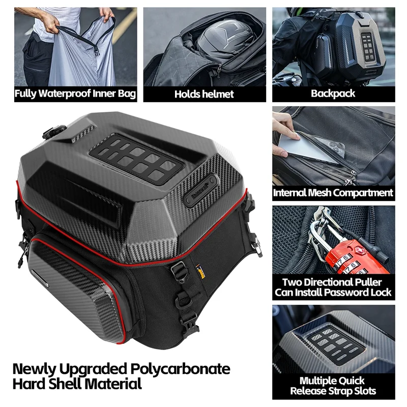 Rhinowalk Waterproof 23L-35L Motorcycle Tail Bag Hard Shell Expandable Rear Seat Bags for Motorbike Adventure