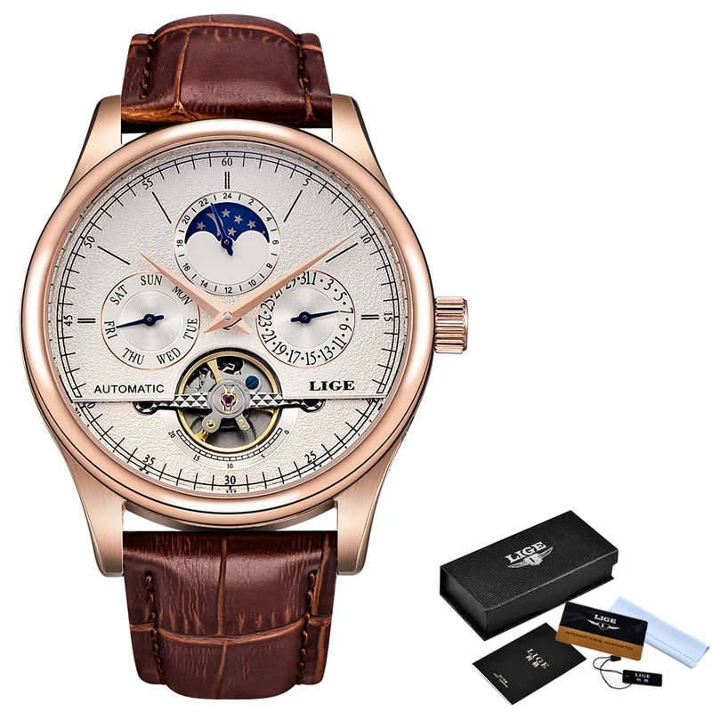 LIGE LG6826 Mens Watches Automatic Mechanical Watch Tourbillon Clock Leather Brown Casual Business Watches Men with Gift Box
