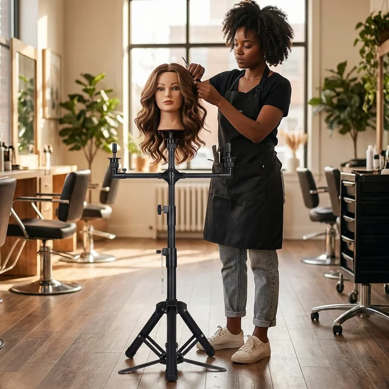 Space-Saving 3-Head Wig Tripod Stand Adjustable Professional Salon Mannequin Stand 50" for Multiple Wigs Display
