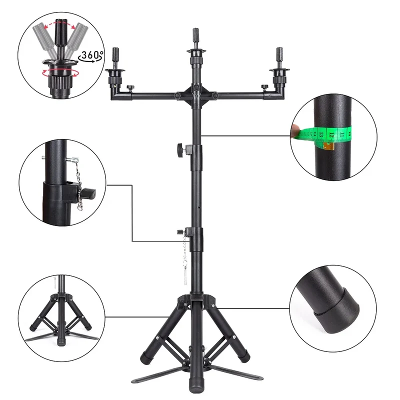 Heavy Duty Professional 3-Head Mannequin Tripod Stand 50" Adjustable Height Wig Styling Stand for Cosmetology Wig Making