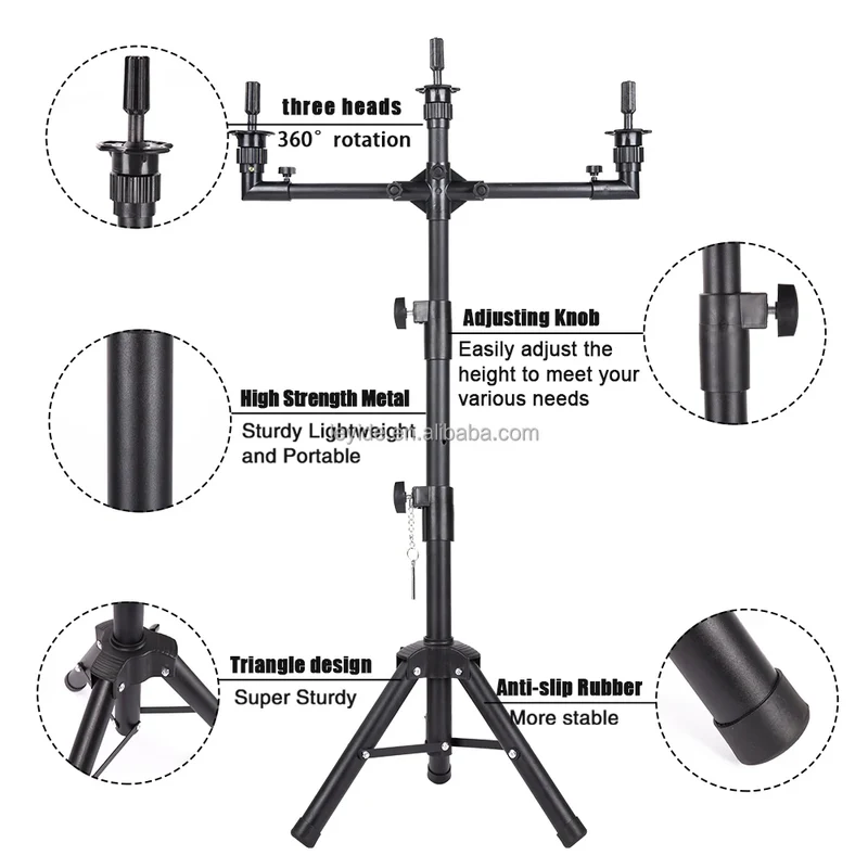 US Local Fast Delivery Cosmetology Training Head Tripod Black Mannequin Tripod Wig Stand Tripod for Wig Making with Foot Pedal