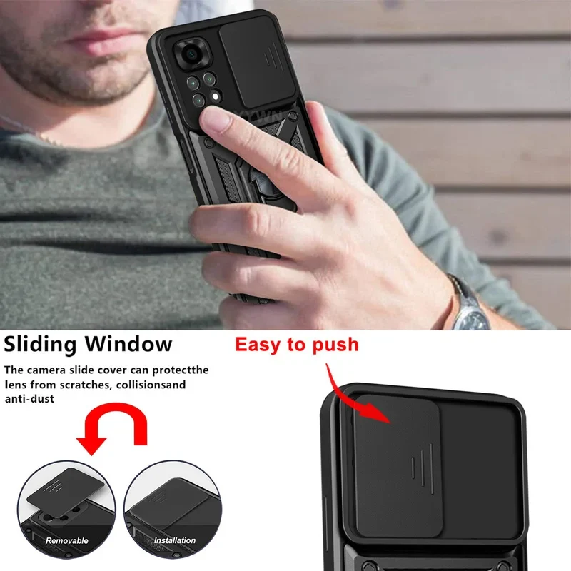 Slide Camera Lens Protector Armor Case For Redmi Note 13 12 11 10 Pro Plus 10s 11s 12s 13C 12C Military Grade Bumpers Ring Cover