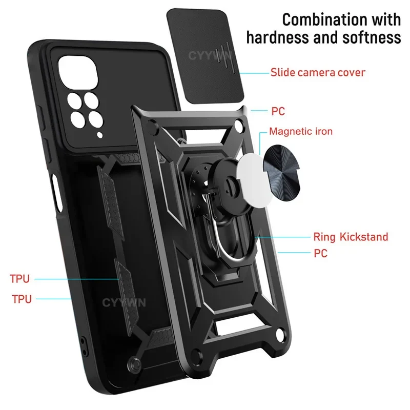 Slide Camera Lens Protector Armor Case For Redmi Note 13 12 11 10 Pro Plus 10s 11s 12s 13C 12C Military Grade Bumpers Ring Cover