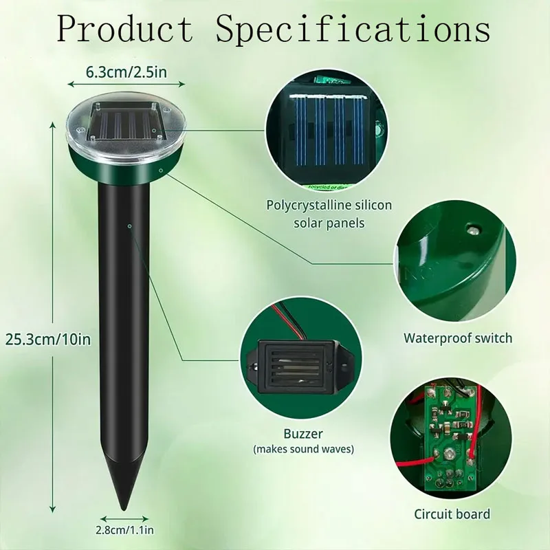 4PCS Solar Powered Ultrasonic Mouse Mole Repeller Rodent Deterrent Vibration Wave LED Lights For Yard Garden Park Farm Outdoor