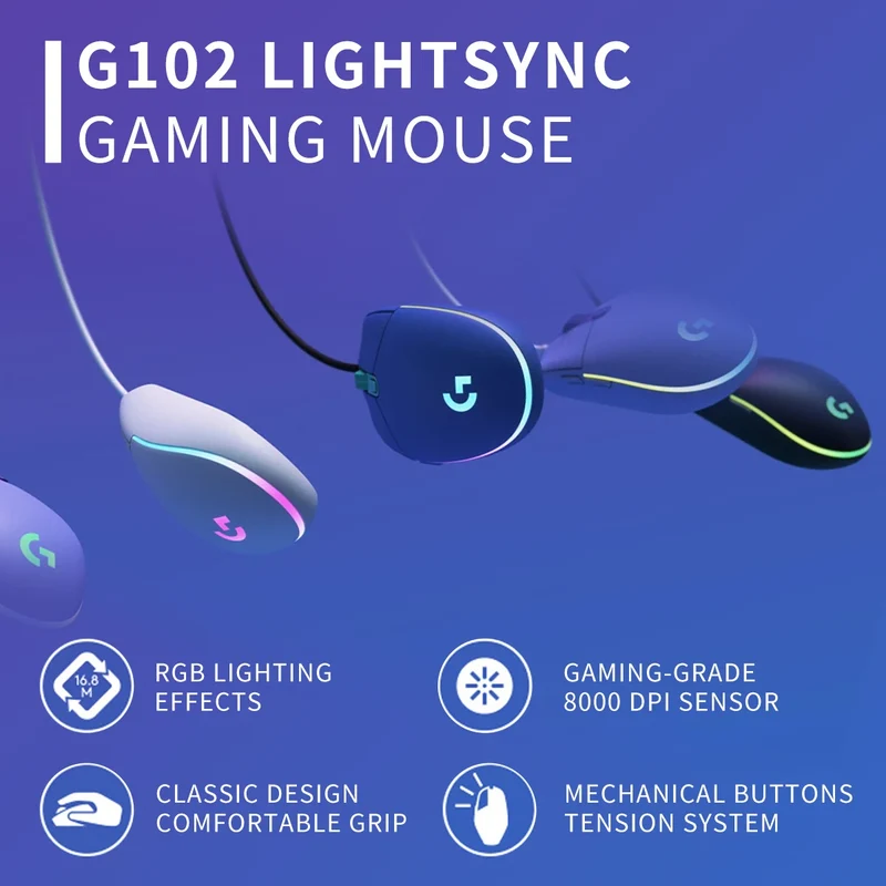 Logitech G102 Wired Gaming Mouse Adjustable DPI 16.8M RGB Colors Mechanical Buttons Ergonomic Design for Competitive Gamers