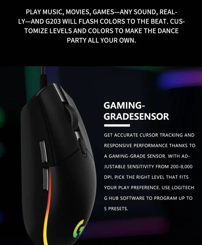 Logitech G102 Wired Gaming Mouse Adjustable DPI 16.8M RGB Colors Mechanical Buttons Ergonomic Design for Competitive Gamers