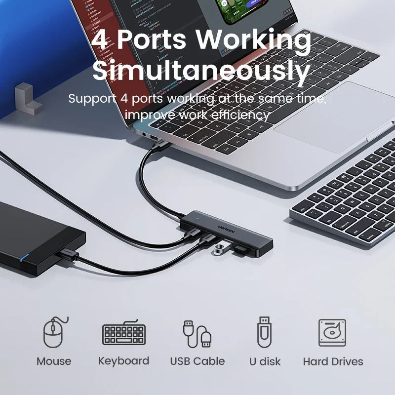 UGREEN USB 3.0 HUB 4 Ports USB-C HUB Slim for Mouse Keyboard Compatible with MacBook Pro Air Laptop Desktop PC Xbox PS5 Splitter