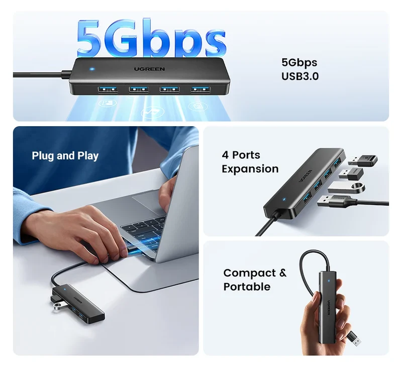 UGREEN USB 3.0 HUB 4 Ports USB-C HUB Slim for Mouse Keyboard Compatible with MacBook Pro Air Laptop Desktop PC Xbox PS5 Splitter