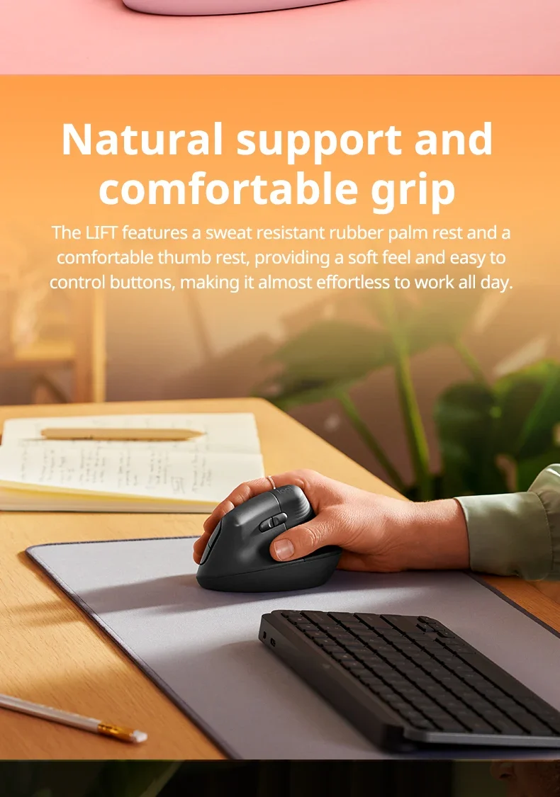 Logitech Lift Vertical Mouse Ergonomic Wireless With Silent Click Bluetooth/Usb Dual Mode For Pc Laptop Tablet Wrist Pain