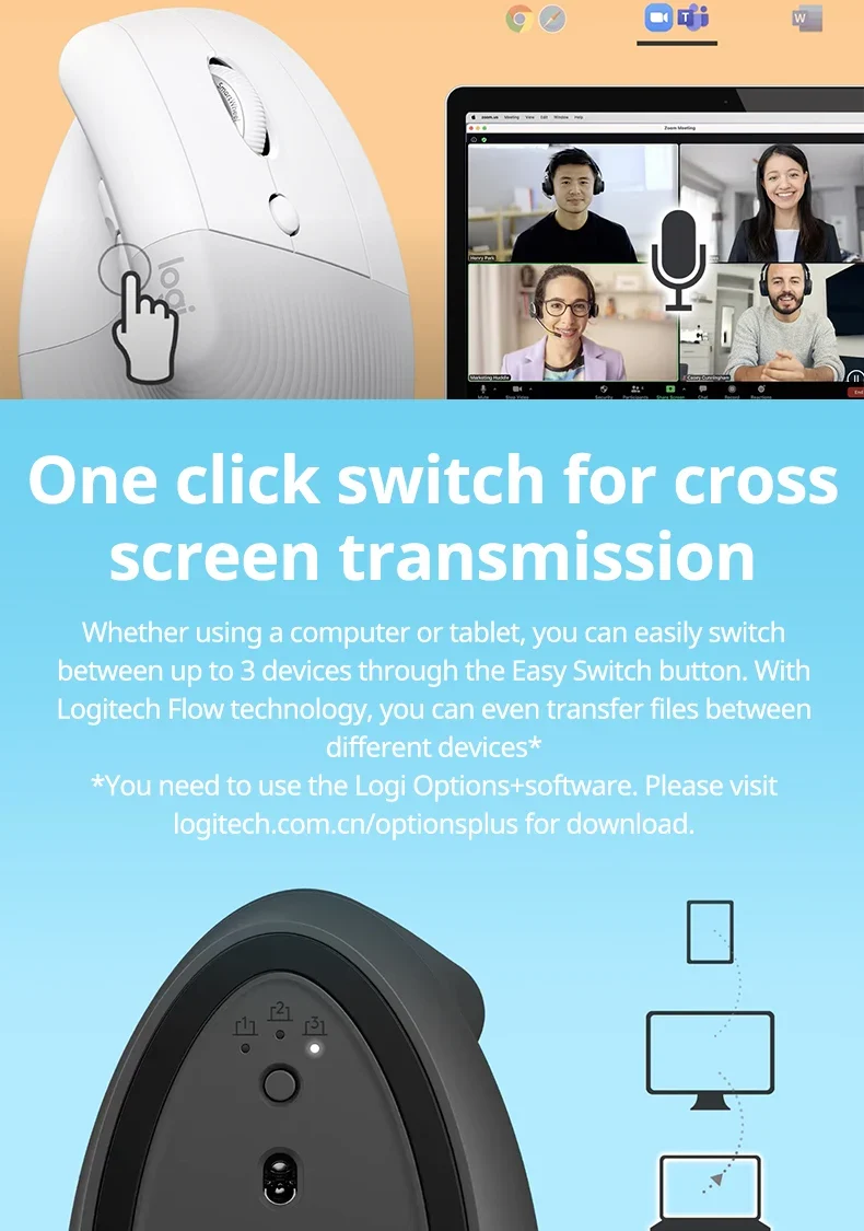 Logitech Lift Vertical Mouse Ergonomic Wireless With Silent Click Bluetooth/Usb Dual Mode For Pc Laptop Tablet Wrist Pain