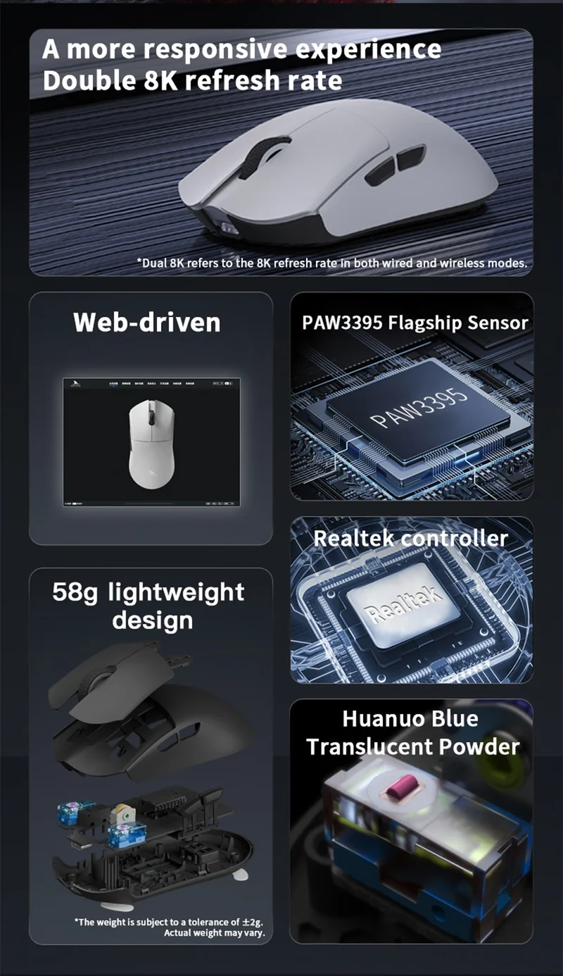 Darmoshark M3 V2 Gaming Mouse Double 8K Wireless Tri Mode 26KDPI PAW3395 Sensor Big Hand Game Macro Mouse For Computer Laptop PC