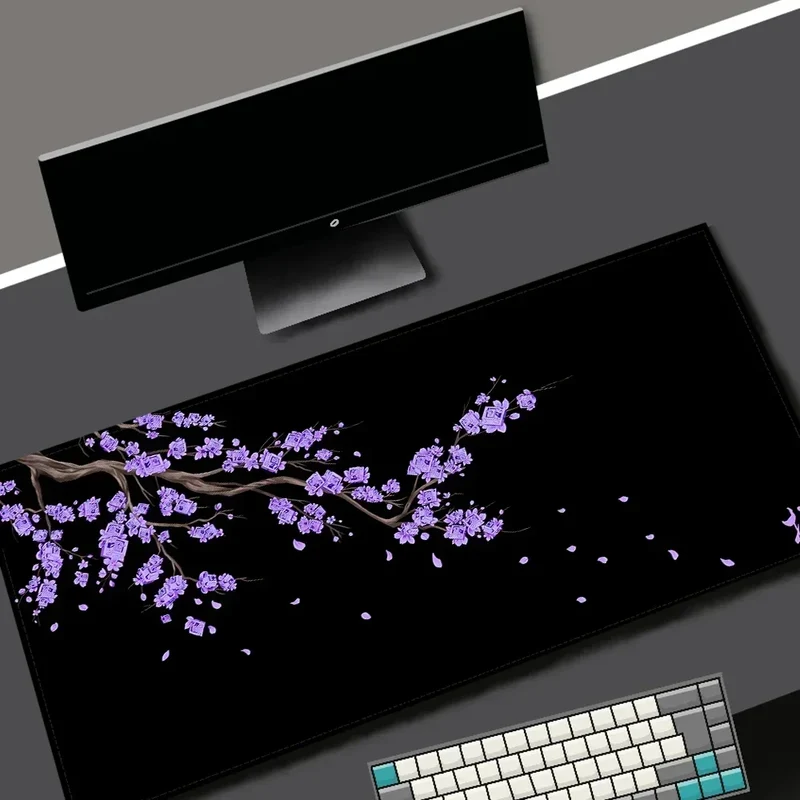 Black Sakura Gaming Mouse Pad Kawaii Purple Desk Mat Large Office Carpet Accessories Cherry Blossom Mousepad Gamer Computer Mats