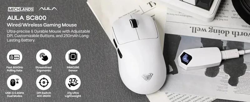 AULA SC800 Gaming Mouse USB-C Wired/2.4G 37g Lightweight 8K Paw3395 Sensor Customized Mice PC E-Sports Gamer Accessories Gifts