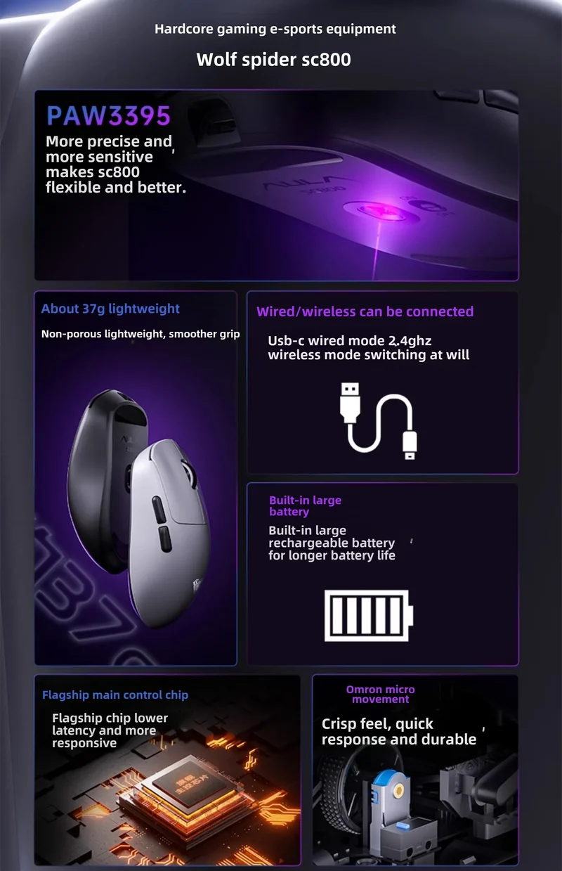 AULA SC800 Gaming Mouse USB-C Wired/2.4G 37g Lightweight 8K Paw3395 Sensor Customized Mice PC E-Sports Gamer Accessories Gifts