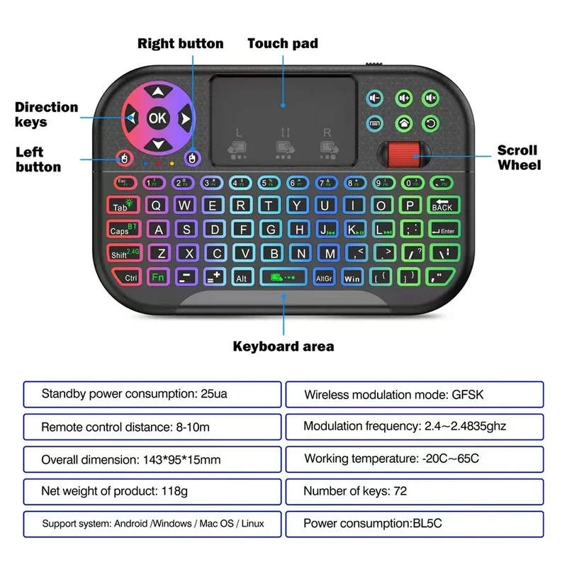KEBIDUMEI Mini Wireless Keyboard with Scroll Wheel Touchpad 8 Color Backlit BT 2.4G Dual Mode Air Mouse Remote for PC TV Box