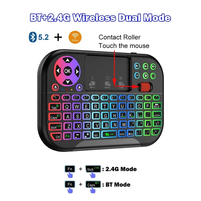 KEBIDUMEI Mini Wireless Keyboard with Scroll Wheel Touchpad 8 Color Backlit BT 2.4G Dual Mode Air Mouse Remote for PC TV Box