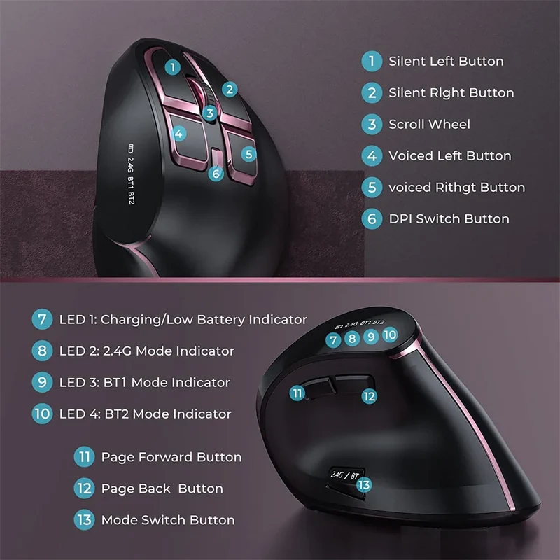 JOMAA 2.4G Wireless Mouse Rechargeable Bluetooth Mouse Ergonomic Vertical Mouse for Mac Windows Laptop Tablet Gaming Mause