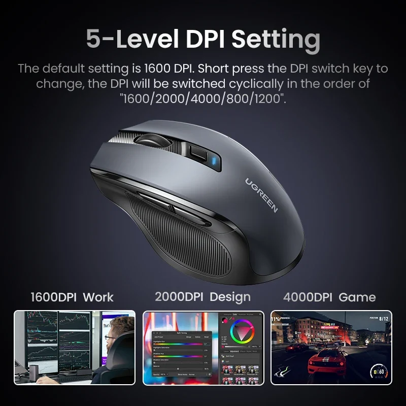 UGREEN Ergonomic Mouse, 6-Button Wireless 2.4G Bluetooth Dual Mode, 5-Level 4000 DPI Adjustable , Silent Click for PC Laptop
